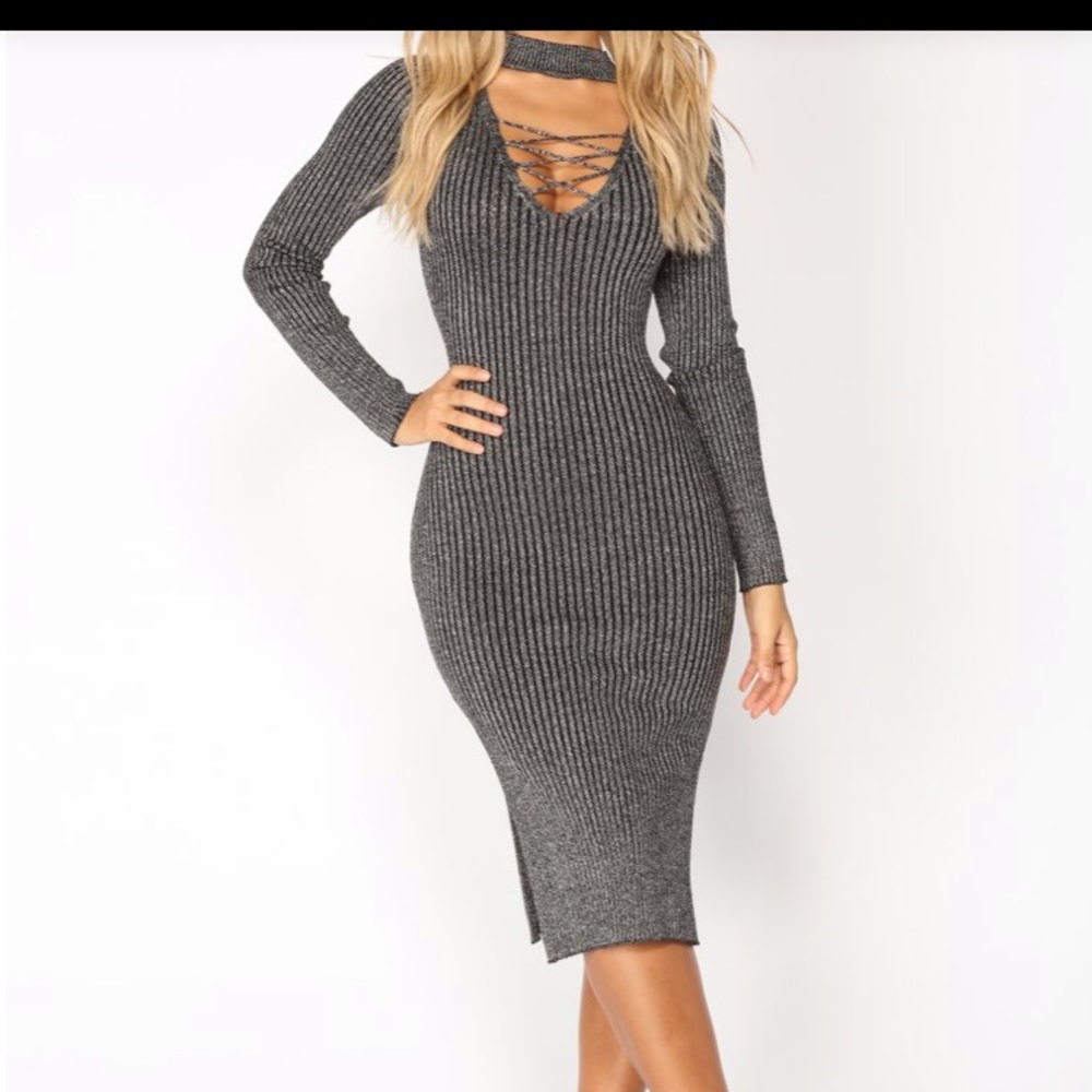 Gray metallic knit midi dress